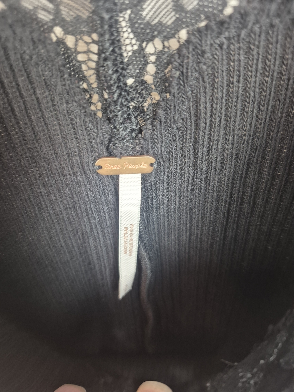 Free People Black Ribbed Lace-Trim Long Sleeve Top - Picture 3 of 6